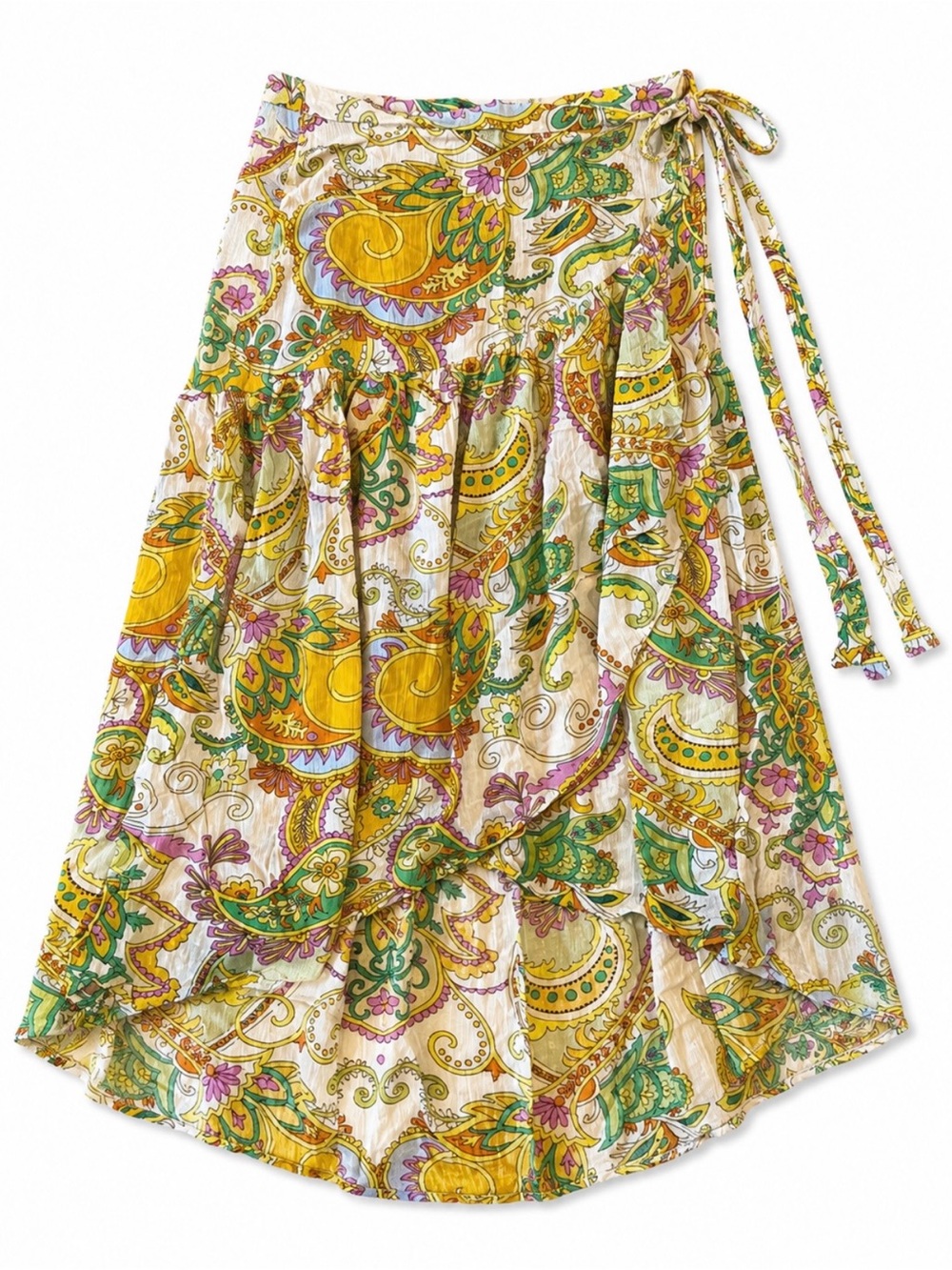Haute Hippie Cream Paisley High-Low Wrap Skirt with Yellow & Green